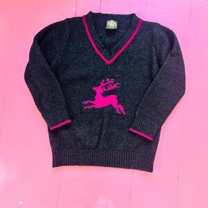 Vintage Hammerschmid Girls Sweater Black with Pink Reindeer Size 7/8 Wool Xmas